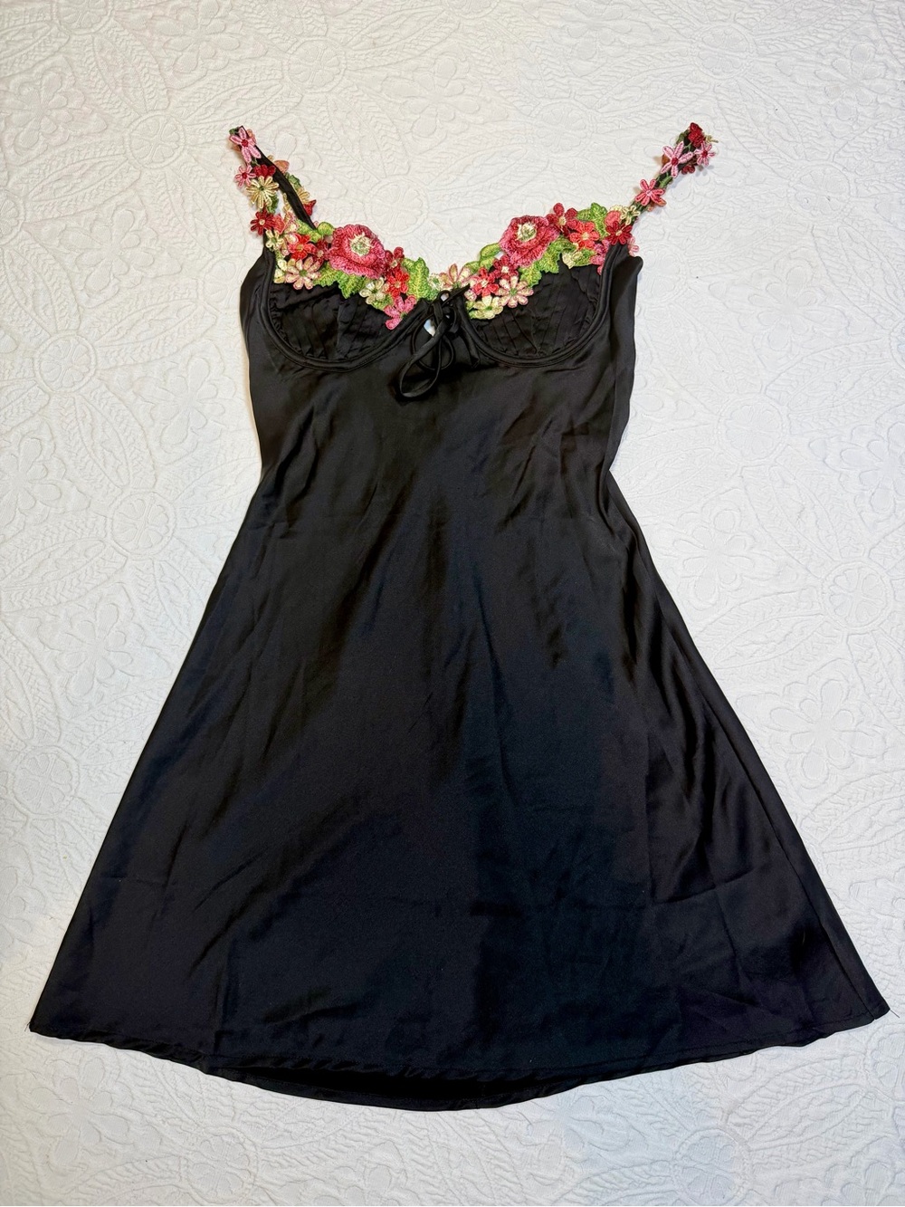 Model Off Duty Mini Black Slip Dress Floral Trim S/XS Bustier Underwire
